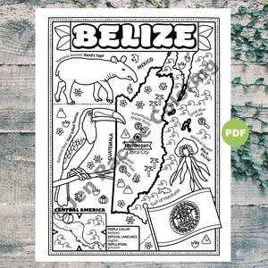 Puede incluir: Una página para colorear en blanco y negro de un mapa de Belice. El mapa incluye el animal nacional del país, el tapir de Baird, el ave nacional, el tucán de pico amarillo, y la flor nacional, la orquídea negra. El mapa también incluye la capital del país, Belmopan, y las ruinas mayas de Xunantunich y Caracol. El mapa está rodeado por un borde con las palabras "Belice" y "América Central".