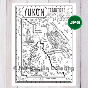 Pagina da colorare Yukon, Canada, Provincia, Mappa provinciale, Fauna selvatica, Simboli, Fiori, Pagina da colorare, JPG Download