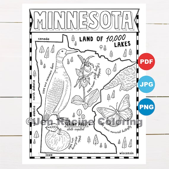 Minnesota Coloring Page United States State Map Wildlife Etsy