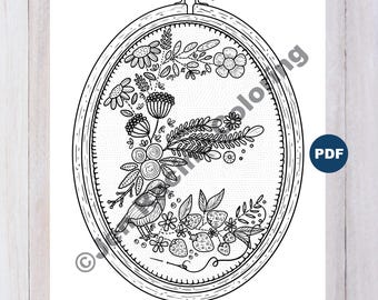 Embroidery Letter E Coloring Page, Floral Bird Design (PDF)