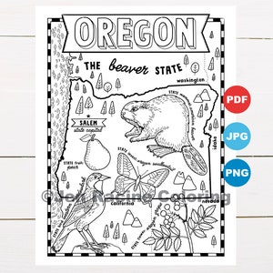 Pagina da colorare dell'Oregon, Stati Uniti, mappa dello stato, fauna selvatica, simboli dello stato, fiori, pagine da colorare