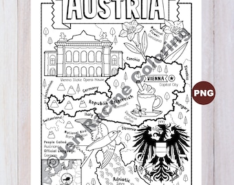 Austria Coloring Page, Geography of Europe, Digital Download Coloring Page