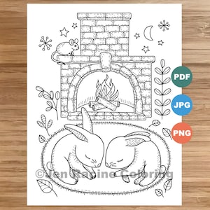 Woodland Wonder Coloring Page, Sleepy Bunnies, floral, Scandinavian, sweater, hat, cozy coloring, coloring page for kids