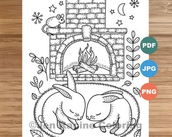 Woodland Wonder Coloring Page, Sleepy Bunnies, floral, Scandinavian, sweater, hat, cozy coloring, coloring page for kids