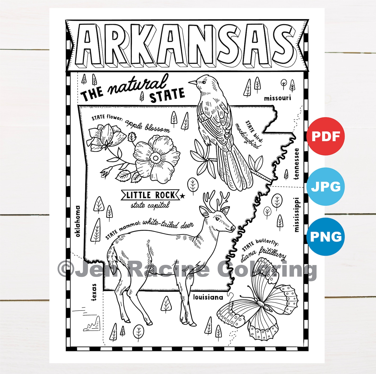 Arkansas Coloring Page United States State Map Wildlife Etsy