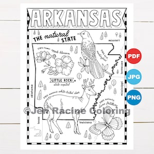 Pagina da colorare Arkansas, Stati Uniti, Mappa dello Stato, Fauna selvatica, Simboli dello Stato, Fiori, Pagine da colorare