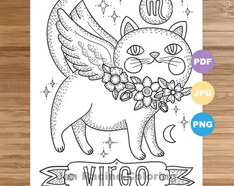 Virgo Cat Coloring Page, Zodiac, Animal art, Cats, Astrology, Coloring page, Printable, Coloring page for kids, Coloring page for adults