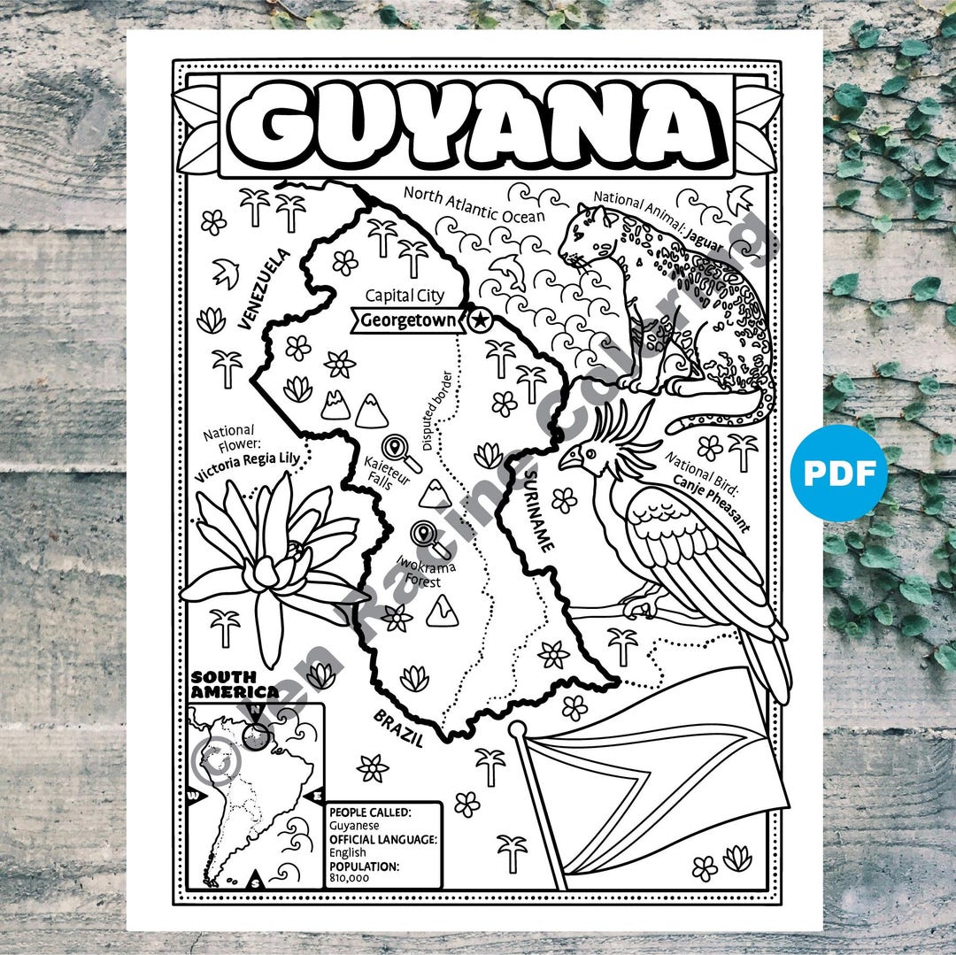 Guyana Coloring Page, Geography of South America, Digital Download ...