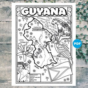 May include: A black and white coloring page featuring a map of Guyana, South America. The map includes the country's borders, capital city Georgetown, national animal jaguar, national bird Canje Pheasant, and national flower Victoria Regia Lily. The page also includes a small map of South America, the country's flag, and information about the country's people, language, and population.