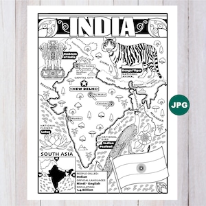 May include: Black and white illustrated map of India, featuring the Bengal Tiger, Indian Peafowl, and the Taj Mahal. The map includes the national flower, lotus, and the Indian flag. Text includes "India", "New Delhi", and "South Asia".