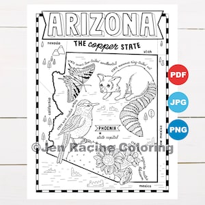 Pagina da colorare dell'Arizona, Stati Uniti, mappa dello stato, fauna selvatica, simboli dello stato, fiori, pagine da colorare