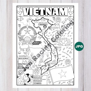 May include: Black and white line drawing of Vietnam, featuring a map, flag, and cultural symbols. The word "VIETNAM" is at the top. Includes text about the capital city, population, and official language.