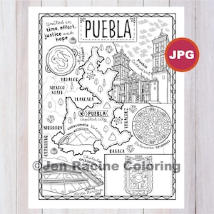 Pagina da colorare di Puebla, Stato del Messico, Estados de Mexico, Bandiera, Cibo, Monumenti, Pagina da colorare, Download JPG