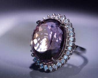 Bi-Color Ametrine Halo Statement Ring, in 925 Sterling Silver
