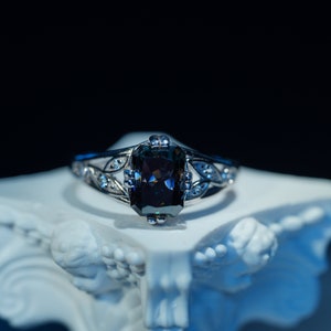 1.6 Carat Radiant Cut Black Fire Moissanite, in Dainty 925 Sterling Silver Leaf Themed Solitaire Setting