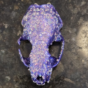 May include: A purple skull pendant with iridescent glitter accents. The skull has detailed features and a smooth, glossy finish. The pendant is designed with two small loops at the top for hanging.