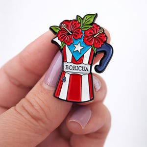Boricua Greca Enamel Pin – Puerto Rican Coffee Pot, Maga Flowers