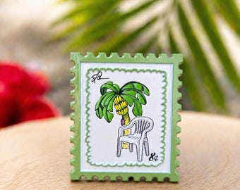 Puerto Rico enamel Inspired Pin – Palm Tree, Plantains & Plastic Chair (Stamp Style)