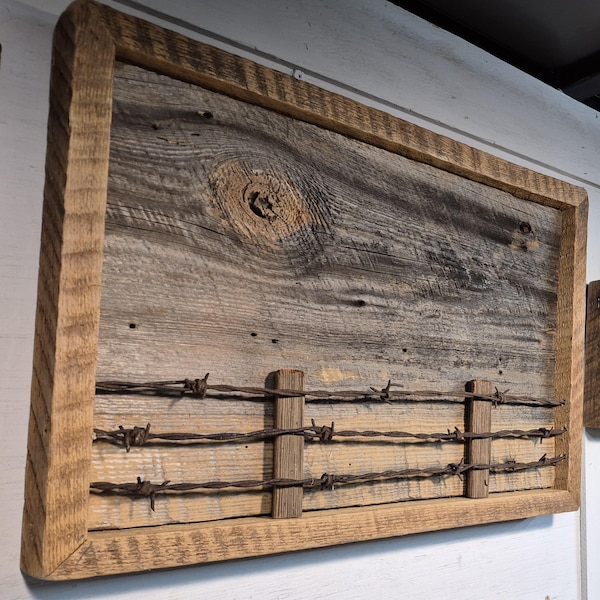 Barn Wood Art "The Fence Line"/ From Old Barn Wood/Dark Brown or Light Grey Barn Wood, Old Barbed Wire , Approx. 16 x 9 x 2