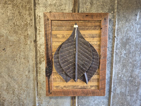 tobacco stick art Barn Wood Folk Art/3 Tobacco Leaves Hammered From, Rescued, Rustic,  Weathered Barn Tin/barn Wood/tobacco Stick Frame/18 X 24/eco-friendly