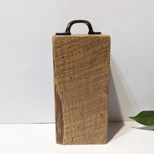 Rare Oak Barn Wood Doorstop From 100 + Year Old Oak Beam Re Purposed into a Doorstop W/Metal Handle/Approx. 7 x 3.5 x 3.5/ 2.7 + lbs