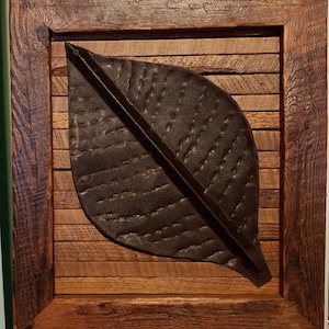 Barn Wood Art &quot;A Single Leaf&quot;/Reclaimed Weathered Barn Roof Tin Tobacco Leaf on Tobacco Stick Barn Wood Frame/Folk Art/Unique/ 16 x 18 x 1.5