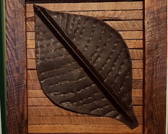 Barn Wood Art "A Single Leaf"/Reclaimed Weathered Barn Roof Tin Tobacco Leaf on Tobacco Stick Barn Wood Frame/Folk Art/Unique/ 16 x 18 x 1.5