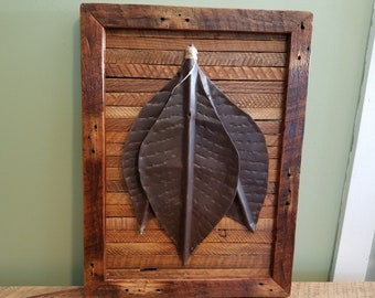 Barn Wood Folk Art/3 Tobacco Leaves Hammered from, Rescued, Rustic, Weathered Barn Tin/Barn Wood/Tobacco Stick frame/18 x 24/Eco-Friendly