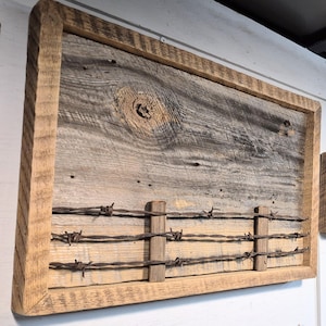 Barn Wood Art &quot;The Fence Line&quot;/3D Art created from Authentic,Rescued, Barn Wood, Old Barbed Wire/Art/Approx. 16.5 x 11 x 2 And Up Home Decor