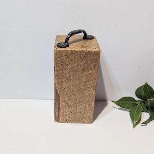 Rare Oak Barn Wood Doorstop From 100 + Year Old Oak Beam Re Purposed into a Doorstop W/Metal Handle/Approx. 7 x 3.5 x 3.5/ 2.5 + lbs