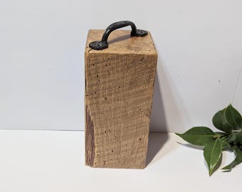 Rare Oak Barn Wood Doorstop From 100 + Year Old Oak Beam Re Purposed into a Doorstop W/Metal Handle/Approx. 7 x 3.5 x 3.5/ 2.5 + lbs