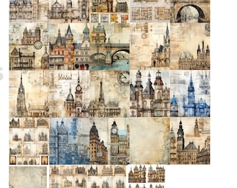 May include: A collage of vintage-style illustrations featuring various architectural designs of buildings and bridges. The images are in shades of brown, blue, and white, with a distressed, aged look.