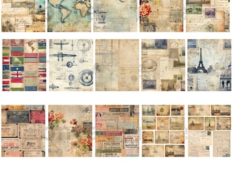 May include: A digital paper pack with 18 vintage-style images featuring travel, maps, flags, and Parisian landmarks. The images are in shades of brown, blue, red, and white.