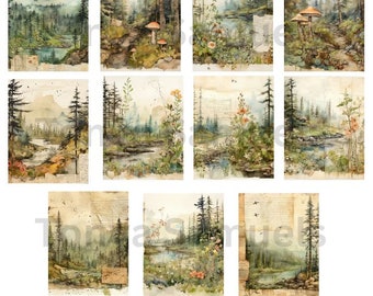 May include: A collection of watercolor landscape prints featuring serene forest scenes with mountains, lakes, and streams. The artwork showcases a muted color palette with trees, flowers, and mushrooms. Some prints include vintage paper textures.