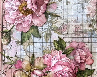May include: A vintage-style floral print with pink peonies and green leaves on a background of a grid pattern and faded text.