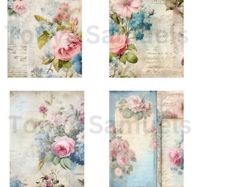 May include: Four digital paper designs featuring vintage floral patterns with pink, blue, and white roses on a background of faded handwritten text.