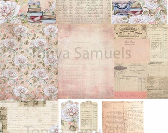 May include: A collection of vintage-style paper sheets and ephemera. The image includes patterned papers with floral designs, ledger sheets, tags, and envelopes. The color palette is soft, with cream, pink, and beige tones. The text on the image reads "Tonya Samuels".