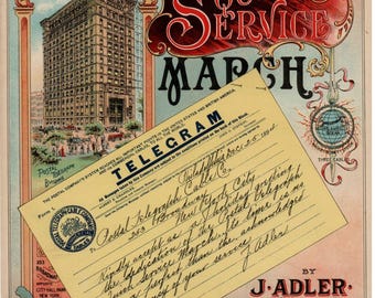 May include: Vintage Postal Telegraph March cover with a detailed illustration of a building and the text "Quick Service." A telegram is overlaid on the cover. The cover is in shades of red, blue, and beige.