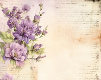May include: A vintage-style background with handwritten text and a bouquet of purple flowers. The flowers are painted in a watercolor style and have a soft, romantic feel.
