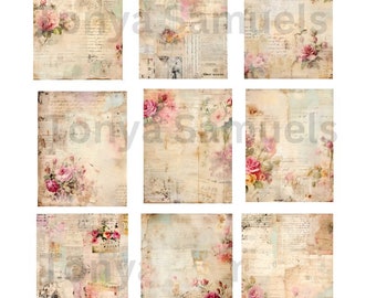 May include: Nine digital paper squares with a vintage aesthetic. Each square features a faded background with handwritten text and floral patterns in shades of pink, white, and green.