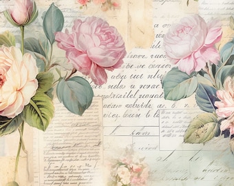 May include: A vintage floral design with pink roses, green leaves, and handwritten text in a faded, antique style.
