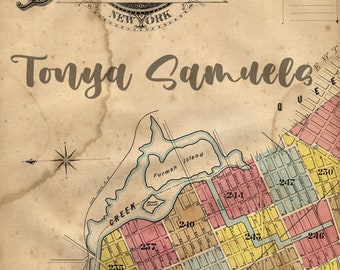 May include: Vintage map of Brooklyn, New York, with the text "Tonya Samuels" overlaid. The map features a detailed street layout, with color-coded blocks and the words "Insurance Maps of Brooklyn" at the top. The map is aged with a sepia tone.