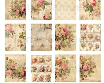 May include: A digital collage sheet with 12 vintage-style images featuring pink roses and floral patterns on a textured background. The images are perfect for scrapbooking, card making, and other craft projects.