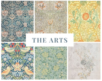 May include: A collage of six different floral patterns, each with a unique color scheme and design. The patterns are arranged in a grid, with the title "THE ARTS" in the center.