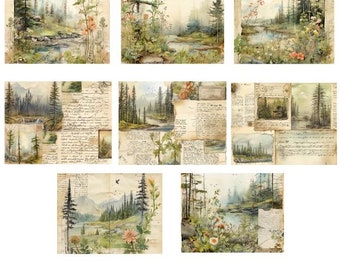 May include: A digital collage sheet with 10 different images of forest scenes with handwritten text and vintage paper textures. The images feature trees, rivers, and flowers.