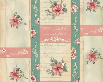 May include: A vintage-style floral pattern featuring pink flowers and green leaves on a cream-colored background. The design includes torn paper strips with script and decorative ribbons in teal and pink.