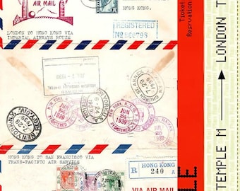 May include: A collage of vintage airmail stamps and postal markings, featuring stamps from the United States and Hong Kong. The design includes text such as "First Flight" and "Via Air Mail," with a red and blue striped border.