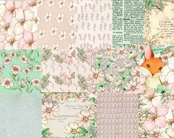 May include: A digital collage featuring a variety of floral patterns, a fox illustration, and a vintage dictionary page with the word "dream" highlighted. The collage is in shades of pink, green, and white.