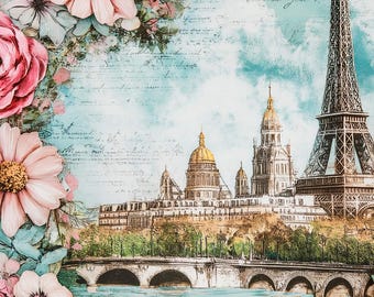 May include: A decorative print featuring a watercolor illustration of Paris, France, with the Eiffel Tower and other landmarks. The image is framed with large pink and white flowers and foliage, set against a blue sky background.