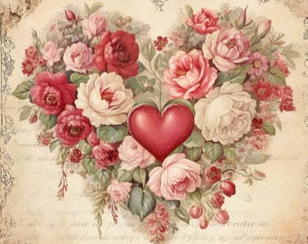 May include: A heart-shaped floral arrangement featuring red, pink, and white roses, with a red heart in the center. The vintage-style design includes a cream-colored background with script writing and decorative borders, evoking a romantic theme.